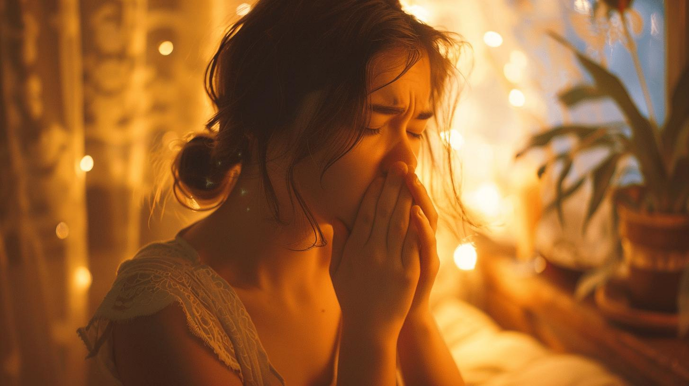 A woman holding her hands over her mouth in a sunlit room.
