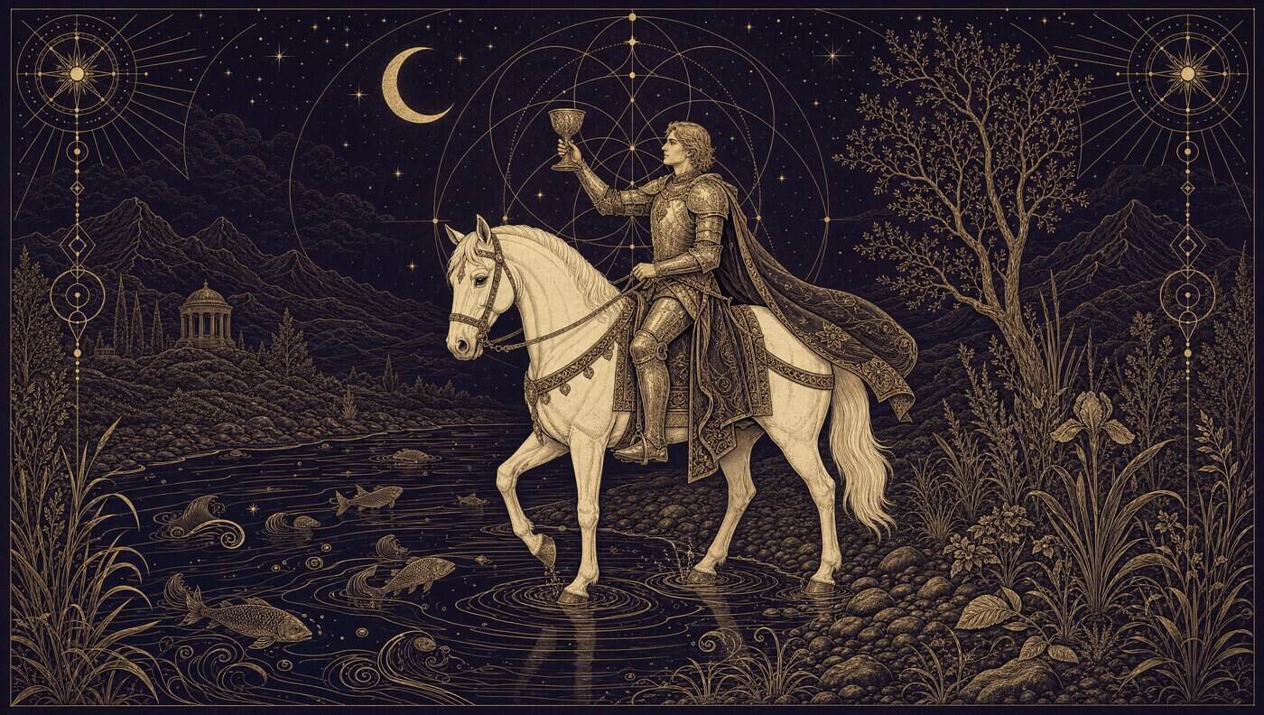 Gold line-art knight on a white horse raising a chalice beside a river under a crescent moon