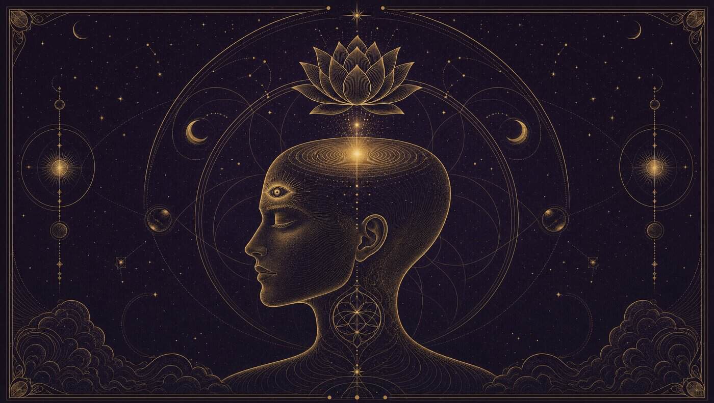 Gold line-art illustration of a head in profile with a burst of light at the crown, a lotus above it and a third eye on the brow, on deep plum