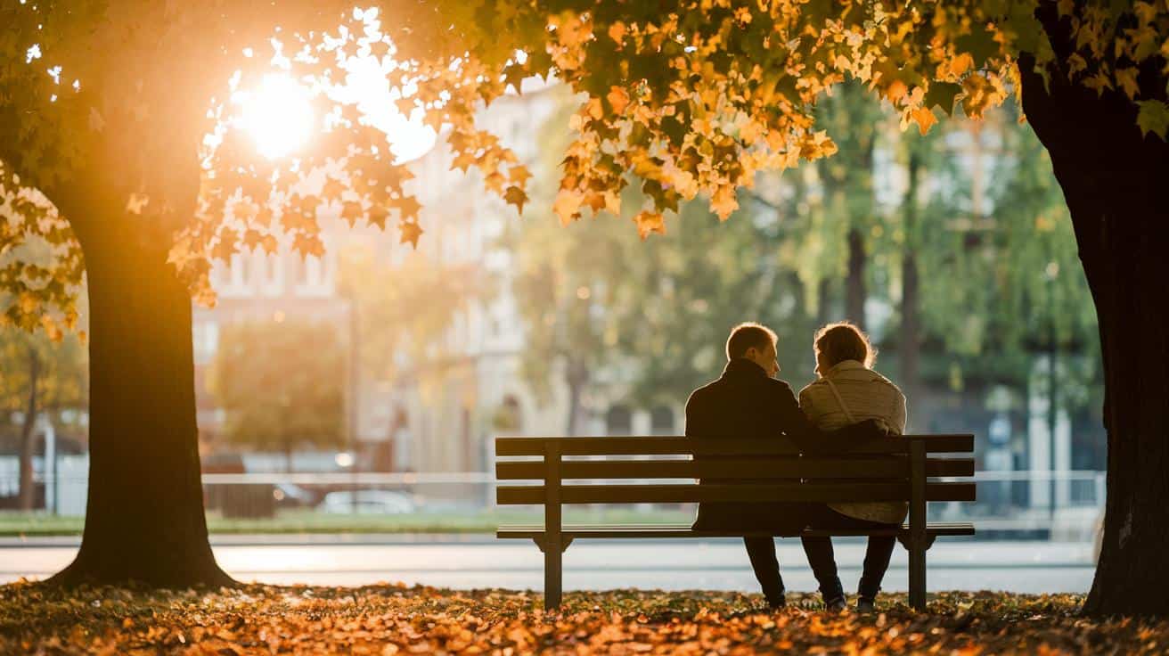 Two people talking together on a park bench beneath autumn trees