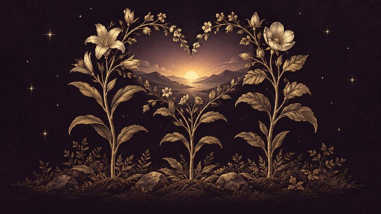 Three gold flowering stems frame a heart-shaped opening around a sunrise on a plum background