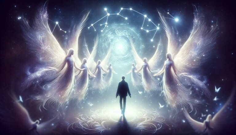 Illustration of a person beneath stars facing a circle of luminous winged figures