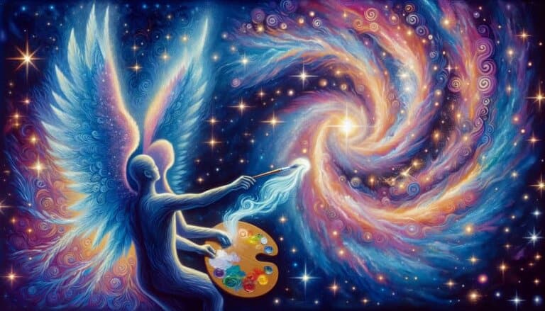 Illustration of a winged angel using a paintbrush and palette to paint a colorful starry sky