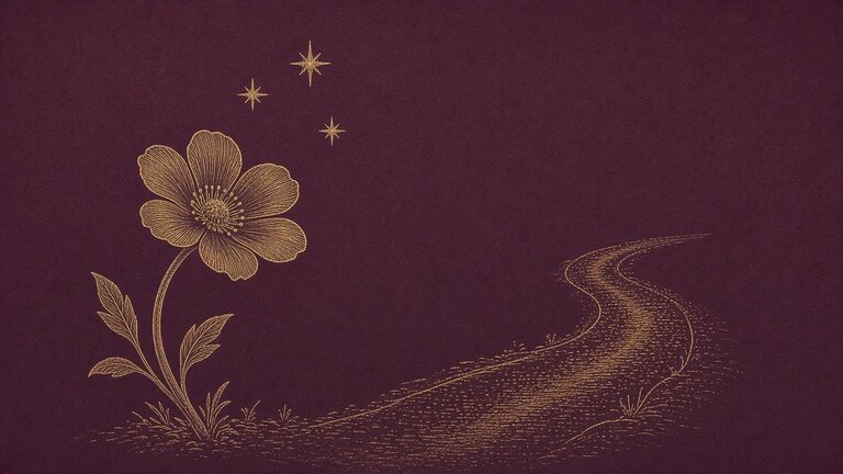 Three gold stars above a five-petaled flower beside a winding path on a plum background