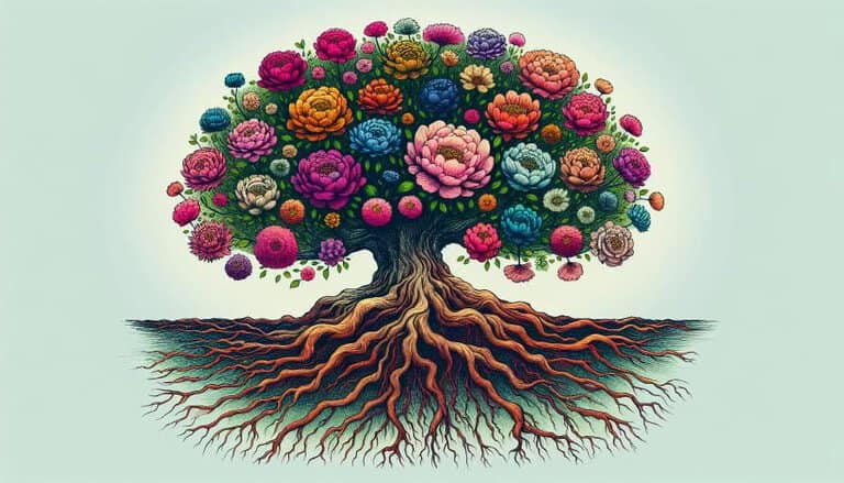 Illustration of a flowering tree with colorful blossoms and spreading roots