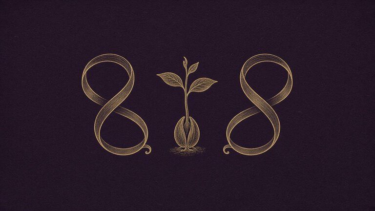 Two looping gold ribbons beside a single sprouting seed on a plum background