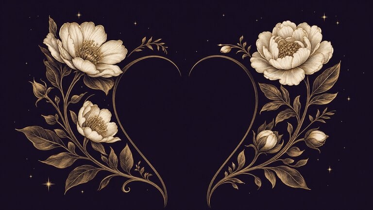 Gold flowering stems curving around a heart-shaped space on a deep plum background