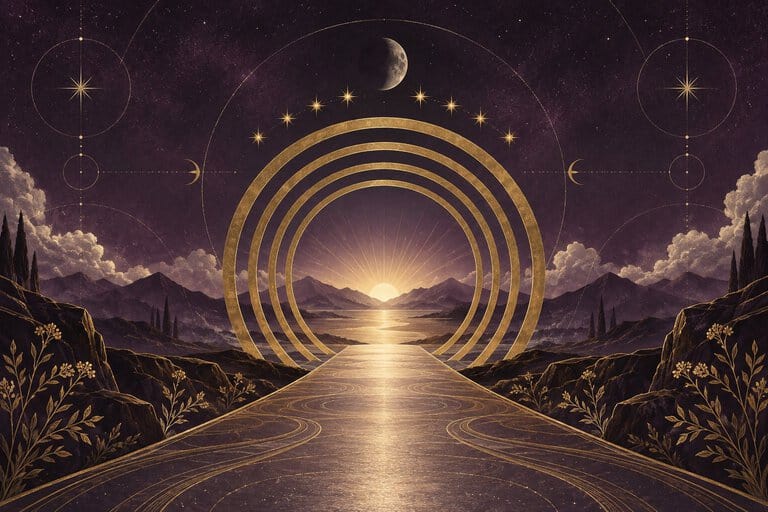 Five gold rings framing a luminous path beneath nine stars and a waning moon