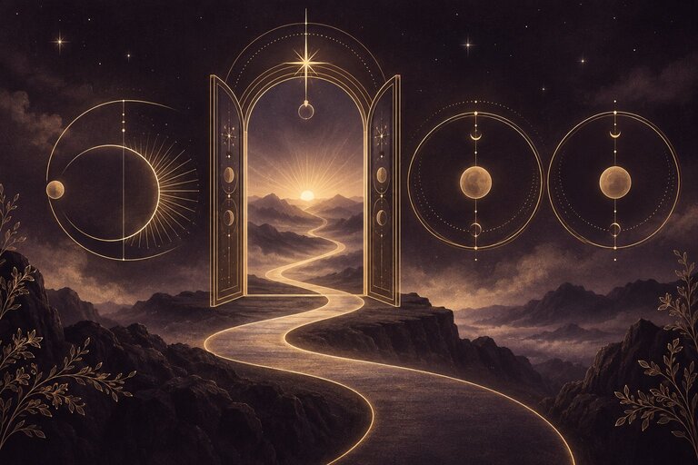 Gold doorway and winding path beneath stars on a deep plum sky