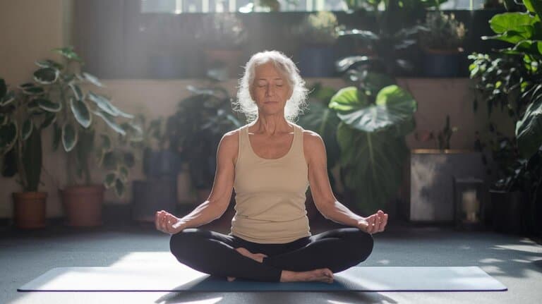 Woman sitting quietly on a mat beside sunlit houseplants