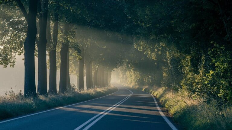 A quiet road curves beneath tall trees in soft morning light