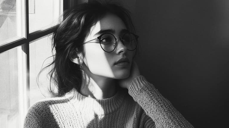 Black and white portrait of a woman wearing round glasses beside a window