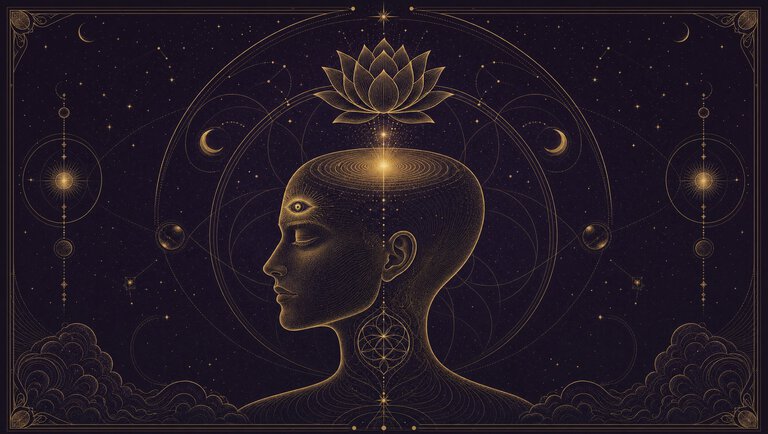 Gold line-art illustration of a head in profile with a burst of light at the crown, a lotus above it and a third eye on the brow, on deep plum