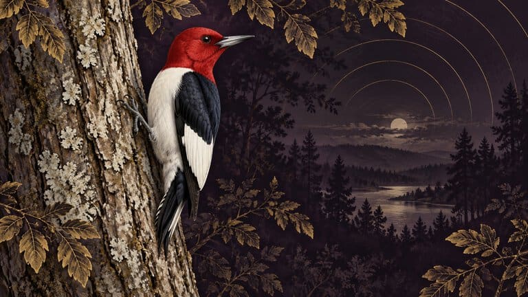 Illustration of a red-headed woodpecker on a tree against a plum woodland with gold leaves